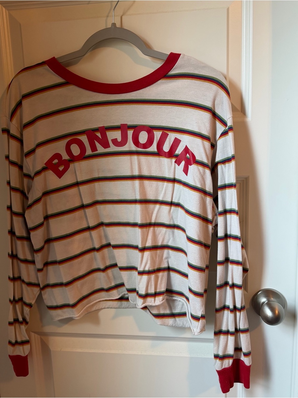 Bonjour Striped Long Sleeve Tee in White with Red Trim